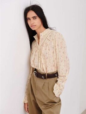 ba&sh Haby Ruffled Cotton Floral Lace-Trim Button Front Blouse Cream Size Large